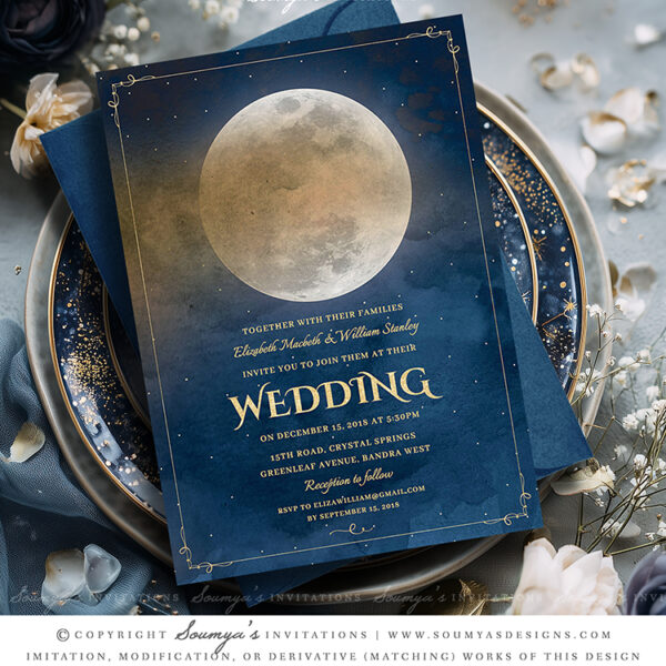 Moon Stars Celestial Wedding Invitation, Fairytale Wedding Invitation, Navy Blue Gold Wedding Invitation, Galaxy Cosmos Astronomy Space Night Sky Wedding Invitation