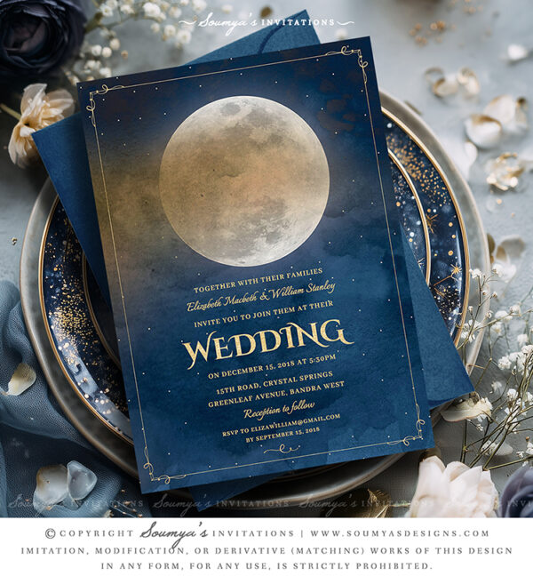 Moon Stars Celestial Wedding Invitation, Fairytale Wedding Invitation, Navy Blue Gold Wedding Invitation, Galaxy Cosmos Astronomy Space Night Sky Wedding Invitation