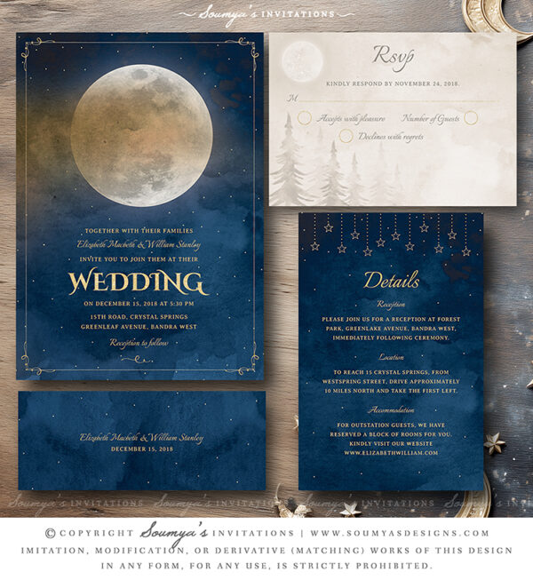 Moon Stars Celestial Wedding Invitation, Starry Night Sky Wedding Invitation, Galaxy Cosmos Astronomy Space Wedding Invite, Navy Blue Gold Wedding Invitation, Fairytale Storybook Wedding Invitation SET