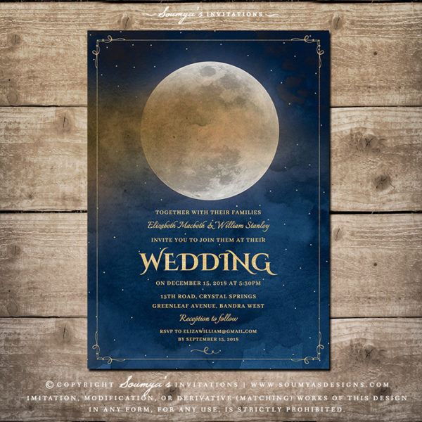 Moon Stars Celestial Wedding Invitation, Fairytale Wedding Invitation, Navy Blue Gold Wedding