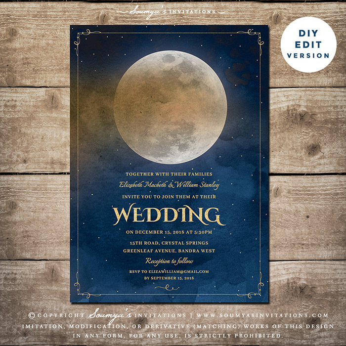 Moon Stars Celestial Wedding Invitation, Fairytale Wedding