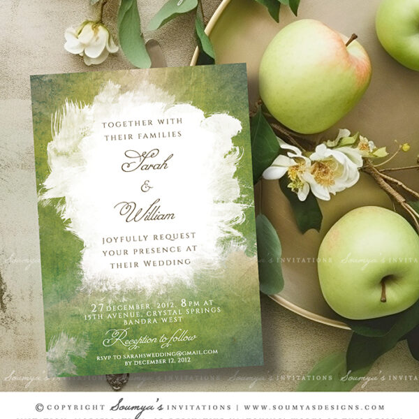 Green Wedding Invitation for a Whimsical, Rustic, Watercolor themed wedding by Soumya's Invitations www.soumyasdesigns.com