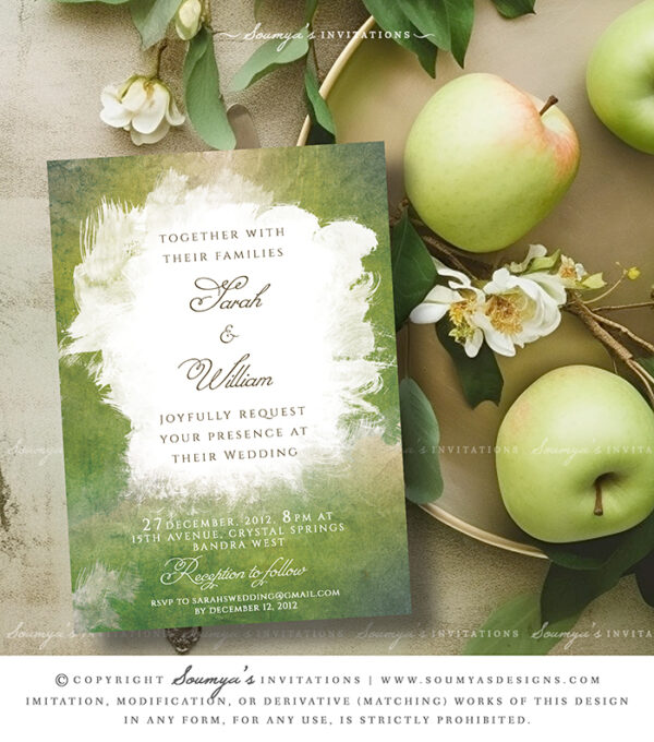 Green Wedding Invitation for a Whimsical, Rustic, Watercolor themed wedding by Soumya's Invitations www.soumyasdesigns.com