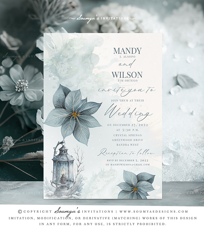winter wonderland dusty blue themed wedding invitation