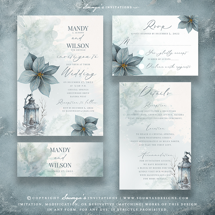 winter wonderland dusty blue themed wedding invitation set