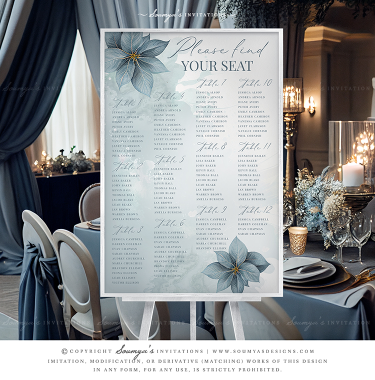 winter wonderland dusty blue themed wedding seating chart