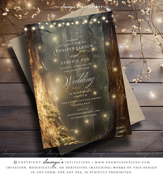 Rustic Garden Lights Wedding Invitation, Enchanted Forest Wedding ...